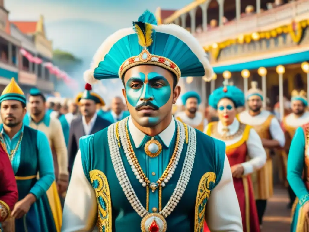 Detalles vibrantes: Grupo de parodistas en el Carnaval Uruguayo Coloridas preparaciones de parodistas para actuación en Carnaval Uruguayo