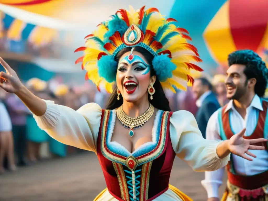 Colorida actuación de humoristas uruguayos en el carnaval Colorido arte acuarela de humoristas uruguayos en el Carnaval, trajes tradicionales y alegría festiva