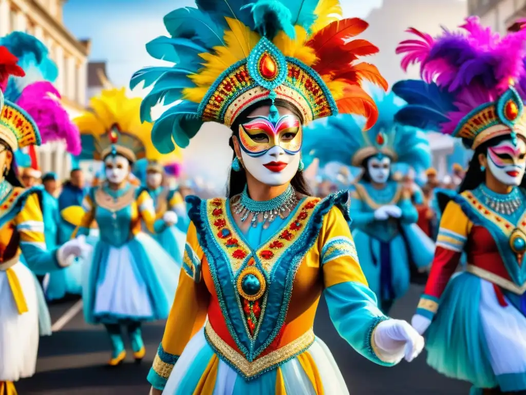 Deslumbrante pintura acuarela del Carnaval Uruguayo Colorido baile de Carnaval Uruguayo con detalles intrincados y fusión de tecnología en un desfile festivo