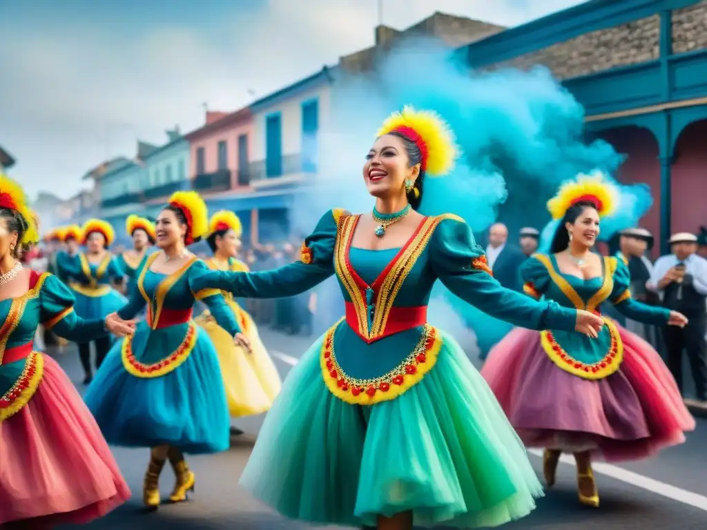Pintura acuarela vibrante del Carnaval en Uruguay Colorido Carnaval en Uruguay: historia, danza y alegría en vibrante acuarela