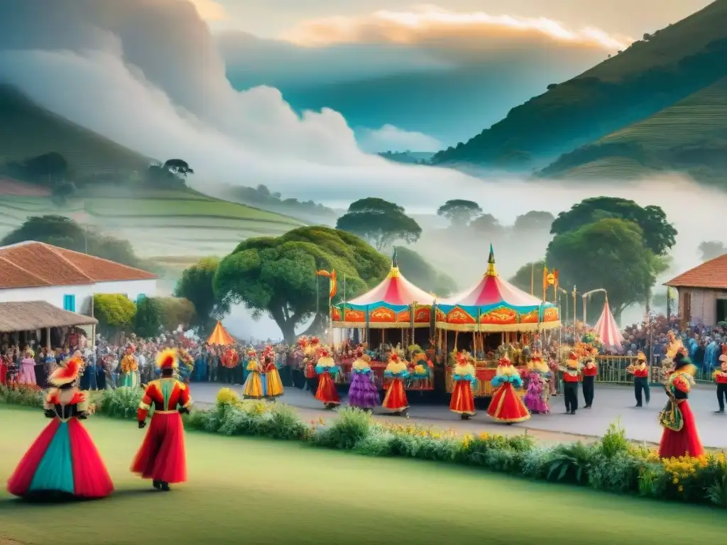 Pintura acuarela de un animado carnaval en el campo uruguayo Colorido carnaval en Uruguay: trajes, música y danzas en el interior del país