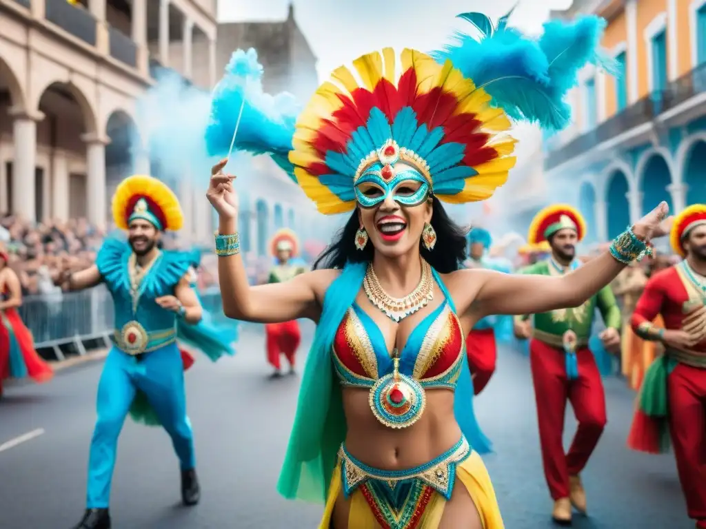 Desfile de Carnaval en Uruguay: Color y alegría Colorido Carnaval en Uruguay con danzas, máscaras y trajes vibrantes