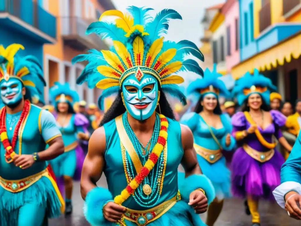 Deslumbrante Carnaval en Uruguay: Colores, Máscaras y Baile Colorido Carnaval en Uruguay con danzas, máscaras y edificios coloniales
