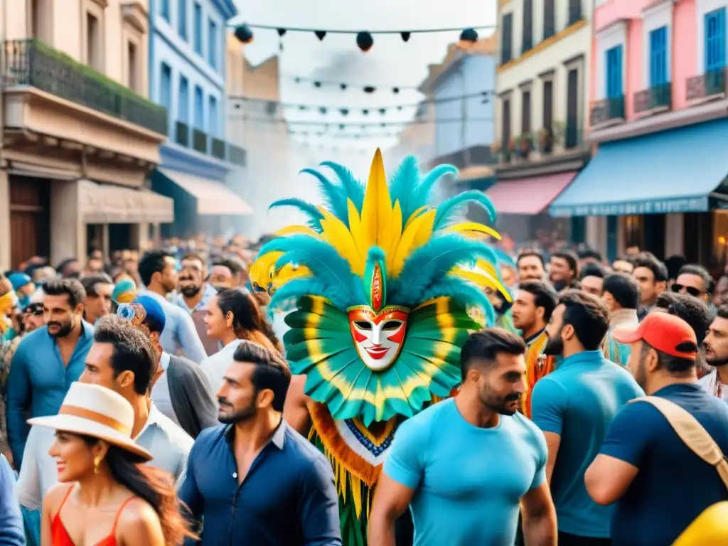 Colorida calle de carnaval en Uruguay: vibrante celebración cultural Colorido Carnaval en Uruguay con desfile de carros alegóricos y bailarines en trajes llamativos