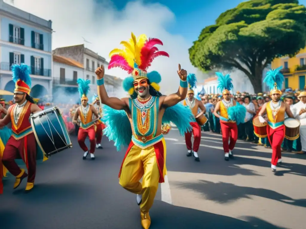 Deslumbrante Carnaval uruguayo: danzas, máscaras y colorida celebración Colorido Carnaval en Uruguay con impacto ambiental positivo: desfile festivo entre edificaciones coloniales y vegetación exuberante