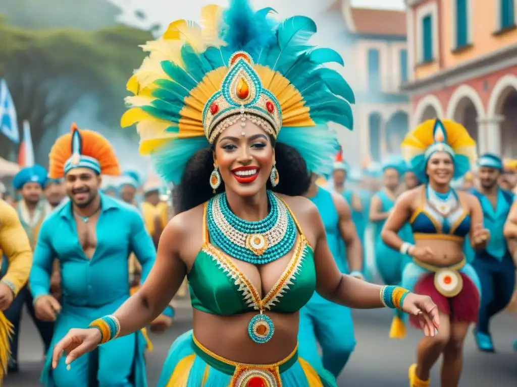 Desfile colorido en Uruguay: Celebración de la diversidad cultural Colorido Carnaval en Uruguay: influencia de diásporas, diversidad y alegría en vibrante desfile de grupos con trajes festivos y espectadores felices