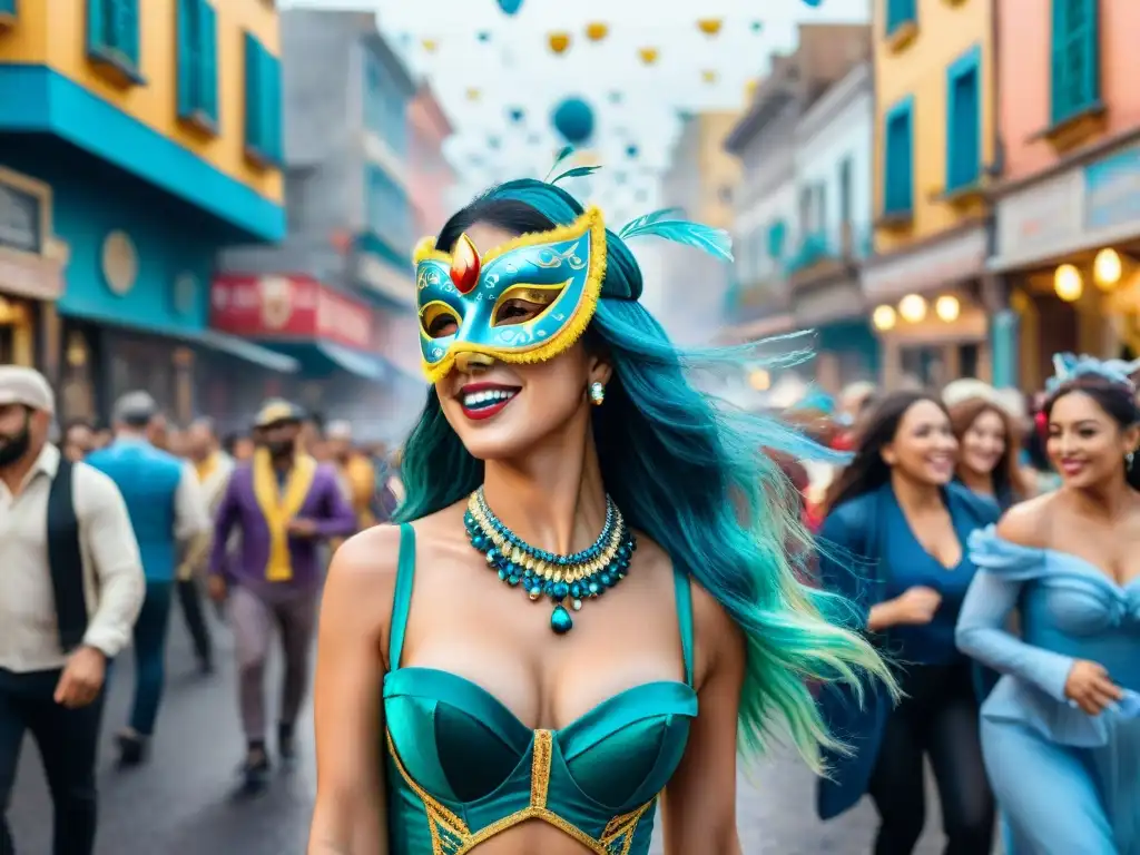 Carnaval en Montevideo: alegría y color en las calles Colorido Carnaval en Montevideo, Uruguay, con máscaras, trajes y música tradicional