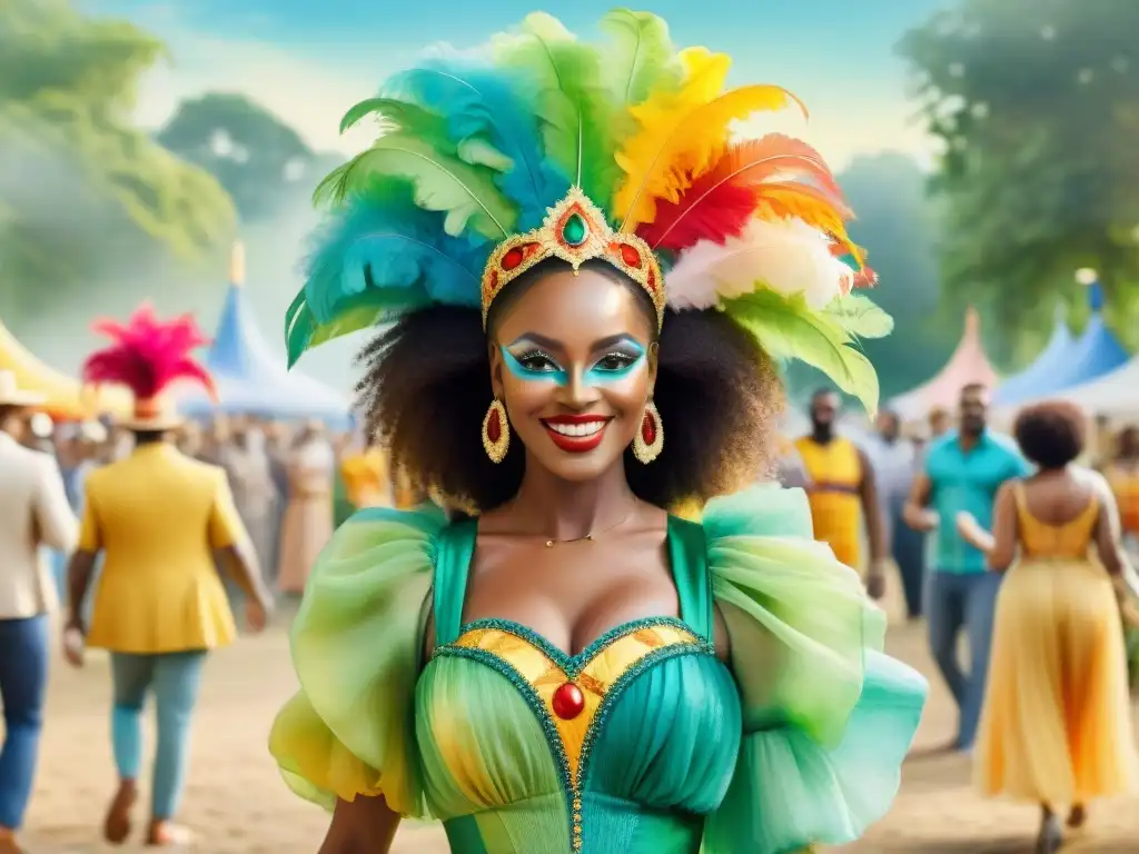 Colorida celebración eco-amigable en el parque al atardecer Un colorido carnaval sostenible en el parque, con personas felices y disfraces elaborados