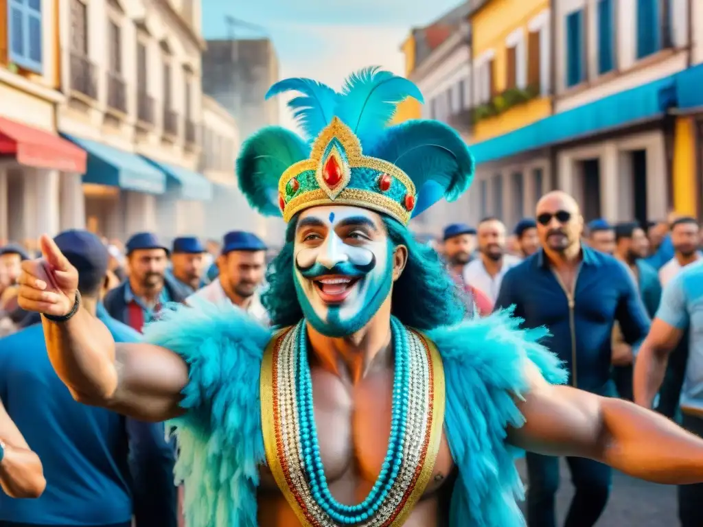 Carnaval uruguayo: alegría y color en las calles Colorido Carnaval Uruguayo: carrozas, bailarines y música en una vibrante pintura acuarela