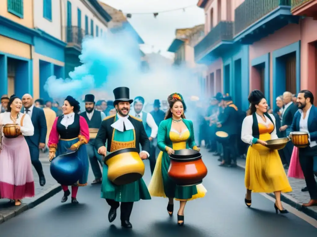 Carnaval en Uruguay: Escena callejera llena de color y sabor Colorido carnaval uruguayo con cazuela tradicional y celebrantes disfrutando la fusión cultural