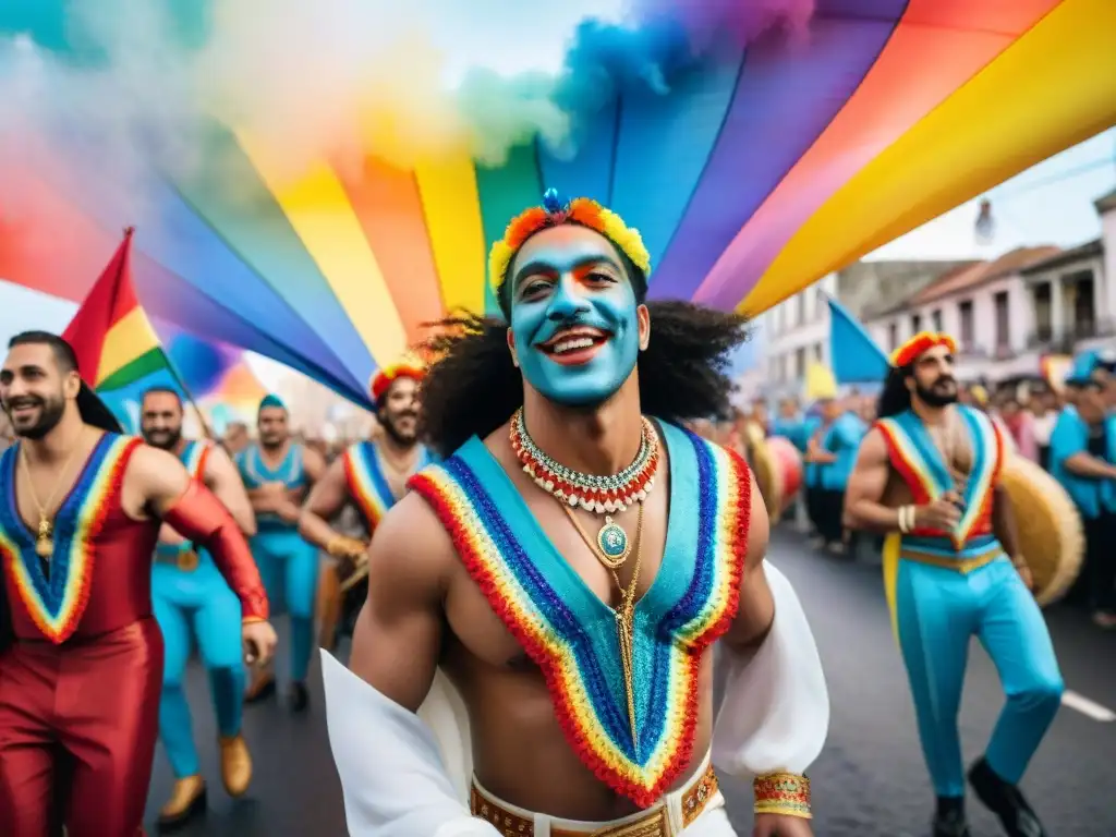 Desfile LGBT+ vibrante y diverso en Uruguay Colorido desfile LGBT+ del Carnaval Uruguayo con comparsas vibrantes y diversidad