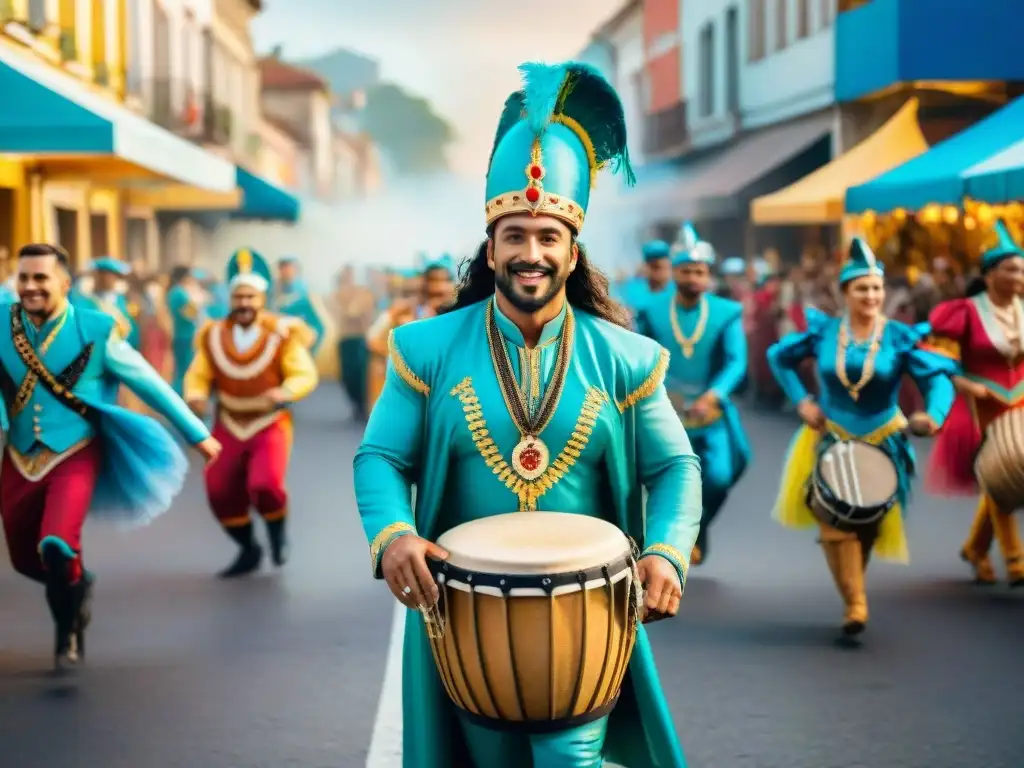 Carnaval uruguayo: creatividad y sostenibilidad en las calles Colorido Carnaval Uruguayo: danzarines en trajes reciclados, rodeados de carrozas adornadas