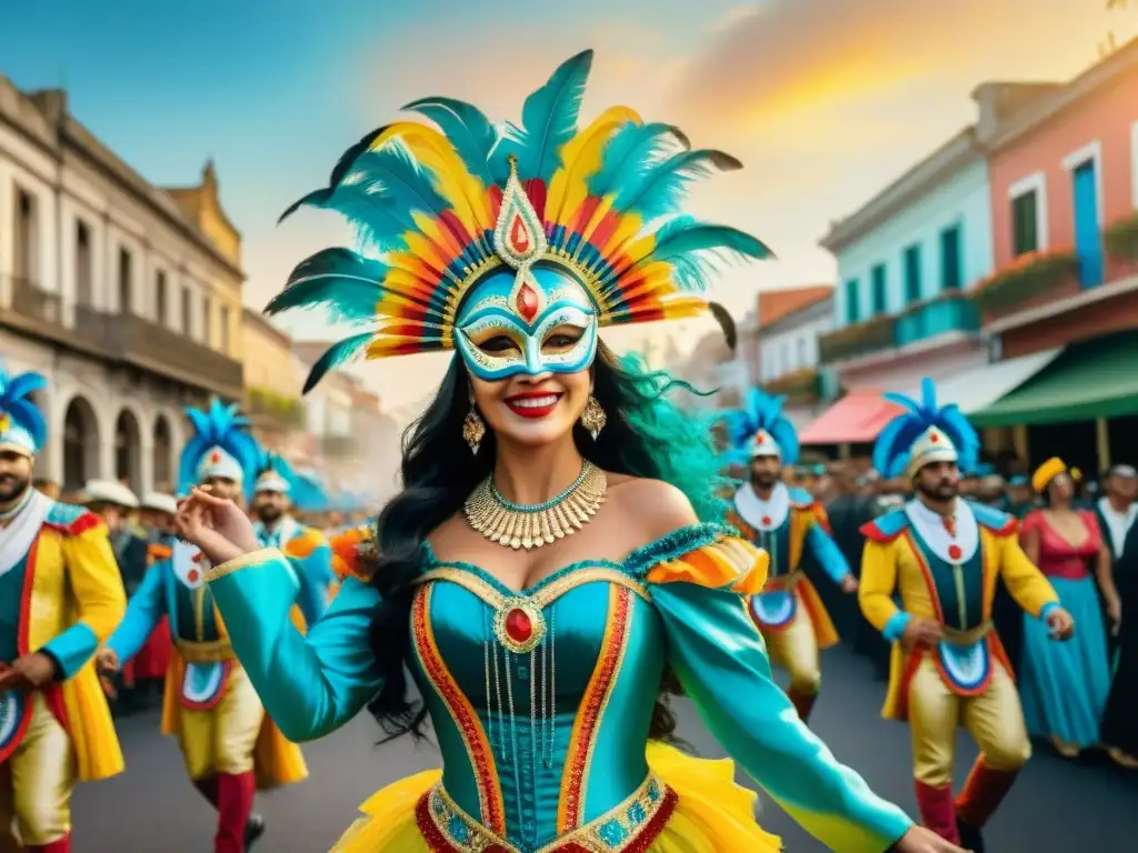 Colorido Carnaval en Uruguay: Celebración vibrante y festiva Colorido Carnaval Uruguayo con danzas alegres y trajes vibrantes, resaltando la belleza y la Alimentación sostenible
