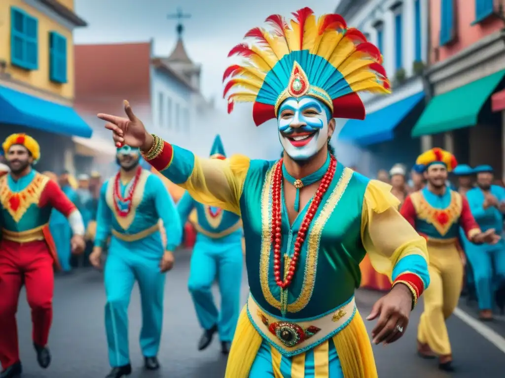 Carnaval en Uruguay: pintura acuarela llena de color y alegría Colorido Carnaval Uruguayo: desfile vibrante de danzas, música y alegría en las calles