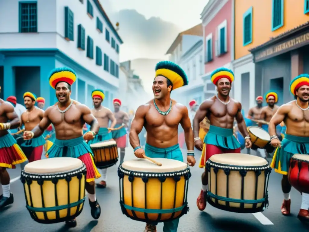 Vibrante pintura acuarela de desfile de Candombe en Uruguay Colorido Carnaval Uruguayo festividades principales en vibrante pintura acuarela: desfile de Candombe con tambores, bailes y banderas