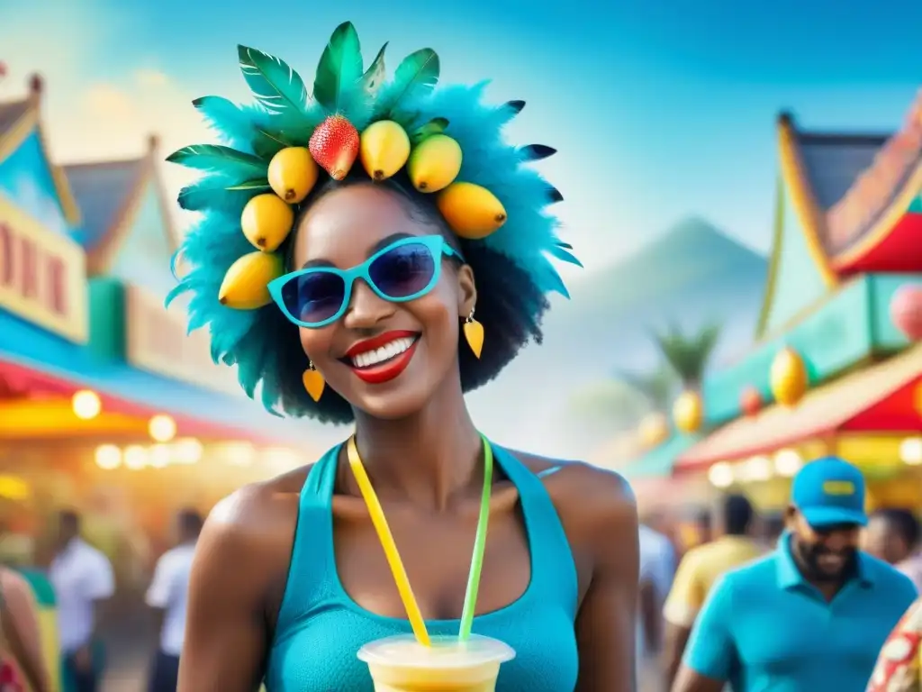 Callejón festivo: Carnaval con jugos y frutas exóticas Colorido Carnaval Uruguayo: gente bebiendo licuados refrescantes entre frutas exóticas y trajes festivos