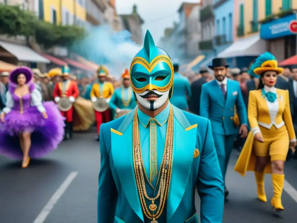 Desfile de Carnaval sostenible en Uruguay: ilustración acuarela Colorido Carnaval Uruguayo con impacto ambiental sostenible en desfile vibrante y festivo