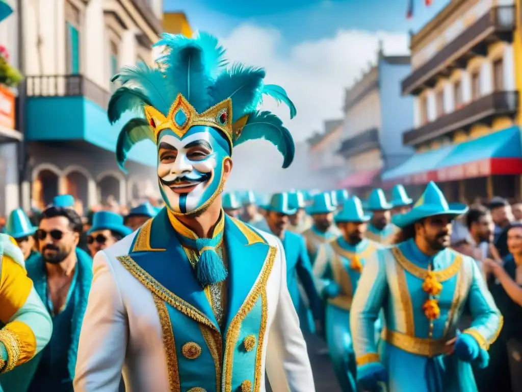 Carnaval vibrante en Uruguay: ilustración acuarela detallada Colorido carnaval uruguayo con mensajes ocultos y parodias, celebra la alegría y cultura