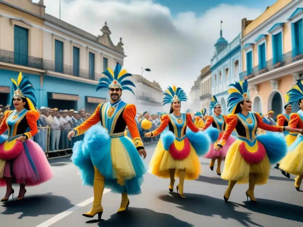Desfile vibrante de murga en Uruguay: fiesta y crítica social Colorido carnaval uruguayo con murgas, bailes y crítica política en pintura acuarela intrincada