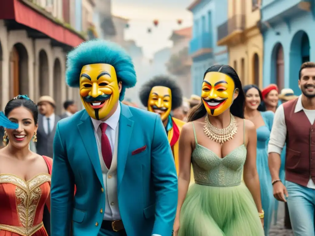 Escena callejera en Uruguay: Parodistas y risas Colorido cuadro de acuarela en Uruguay con parodistas uruguayos crítica transforman sociedad