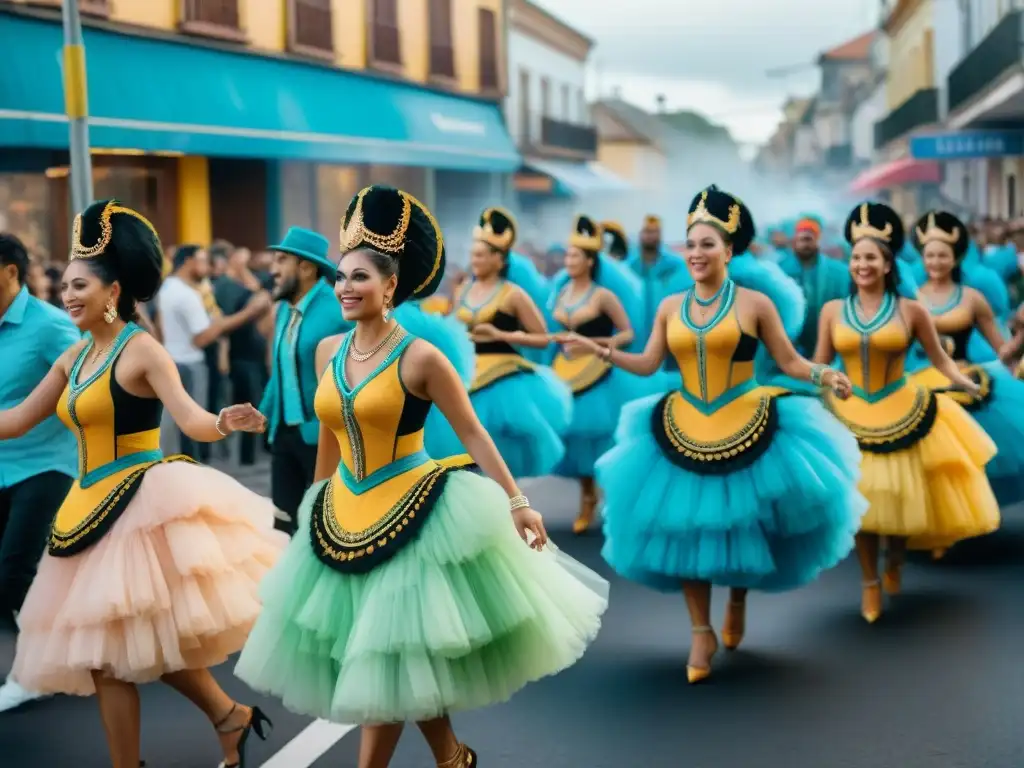 Deslumbrante desfile del Carnaval Uruguayo: colores, alegría y tradición Colorido desfile callejero del Carnaval Uruguayo, con danzas alegres y lazos comunitarios vibrantes