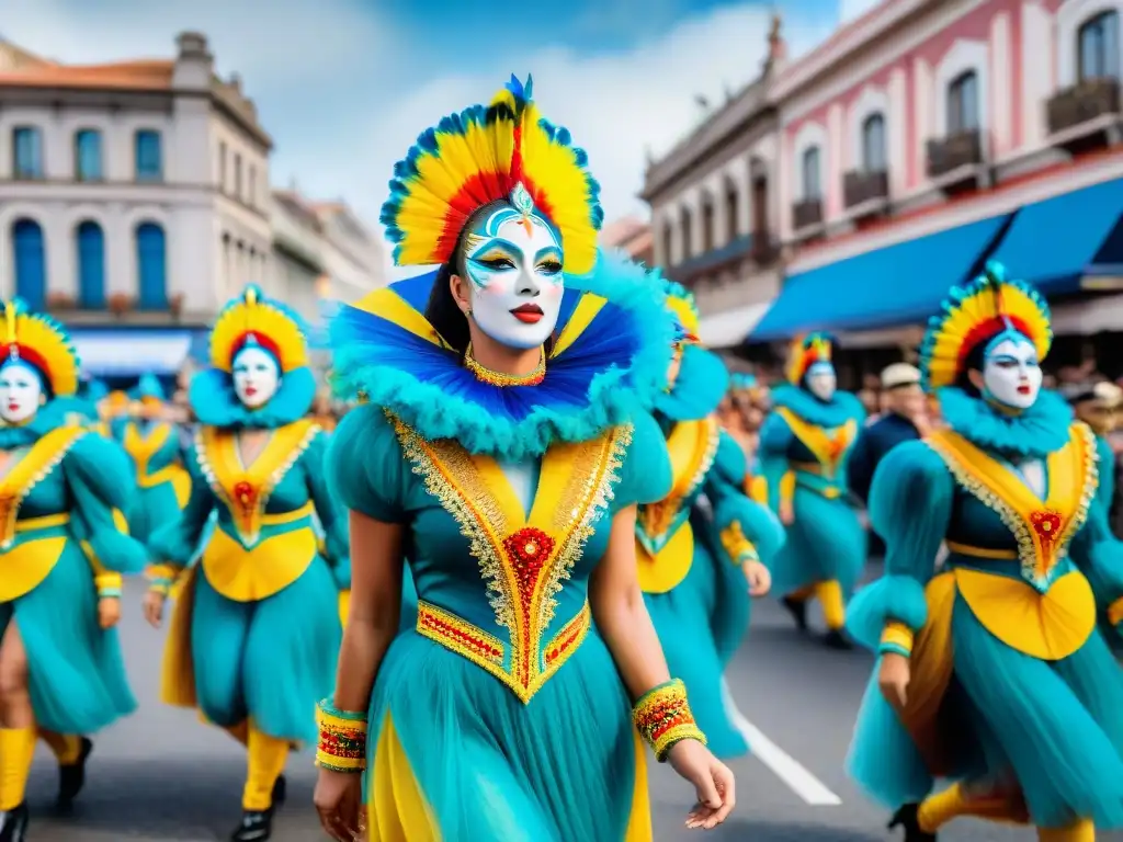Carnaval Uruguayo: Desfile vibrante lleno de color y energía Colorido desfile callejero del Carnaval Uruguayo con carrozas, bailarines y espectadores