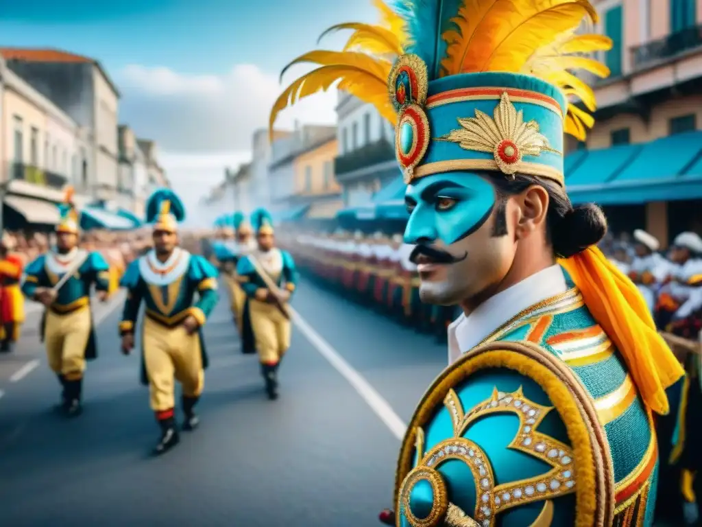 Colorido desfile de Carnaval en Uruguay con bailarines, músicos y espectadores, reflejando la cultura de Alimentos tradicionales Carnaval Uruguayo