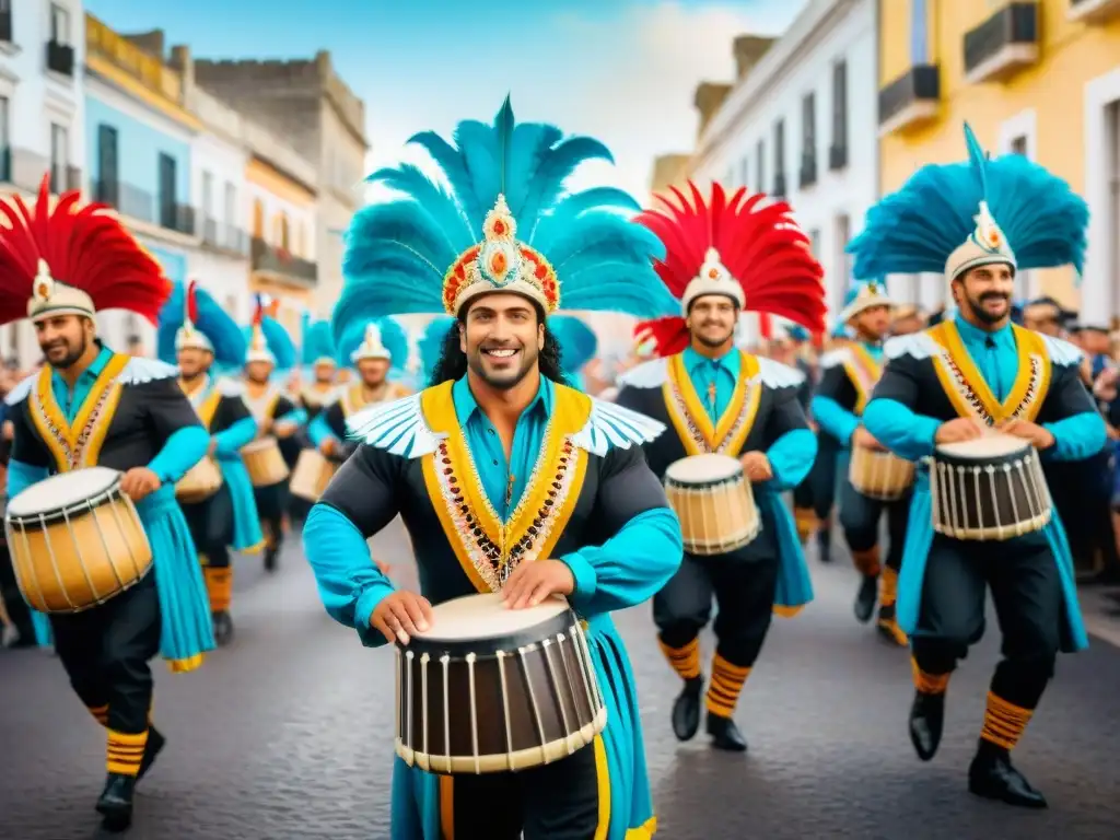 Carnaval en Uruguay: Explosión de color y ritmo Colorido desfile de Carnaval en Uruguay con bailarines, tambores y espectadores, sonidos característicos del Carnaval Uruguayo