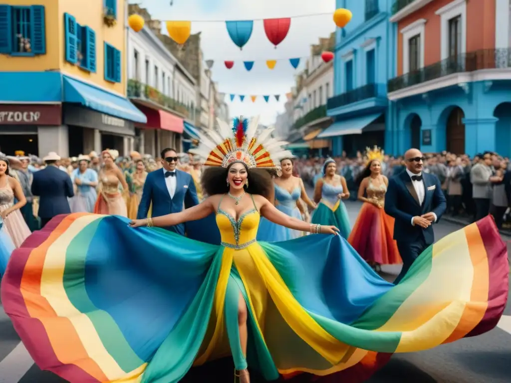 Desfile colorido en Uruguay: Carnaval vibrante y festivo Colorido desfile de carnaval en Uruguay con bailarines, músicos, y espectadores