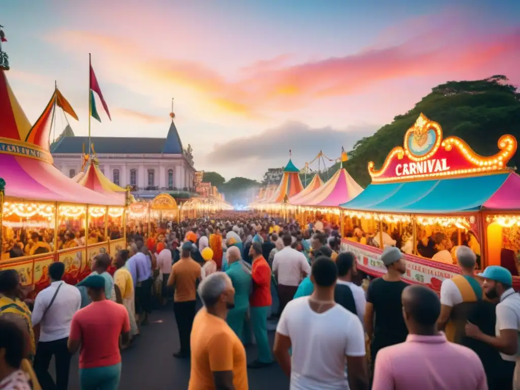 Carnaval colonial: fiesta colorida y vibrante Colorido desfile de Carnaval en la calle, con carrozas, bailarines y espectadores, bajo un cielo cálido al atardecer