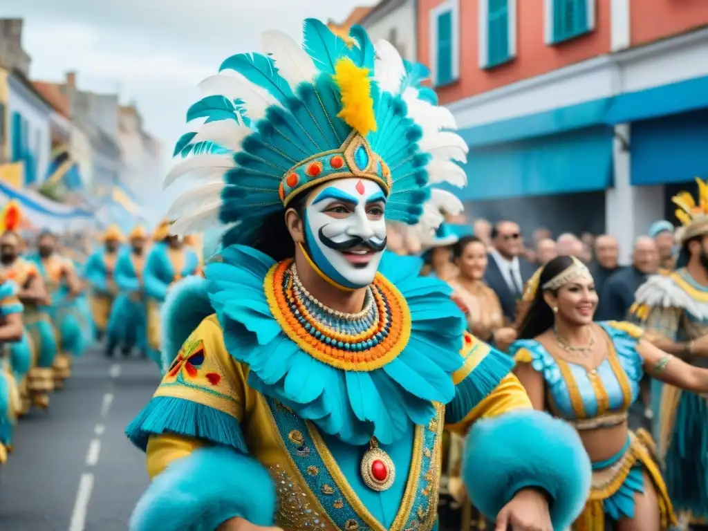 Pintura acuarela detallada del Carnaval en Uruguay Colorido desfile de Carnaval en Uruguay, con carros alegóricos, bailarines y multitud emocionada