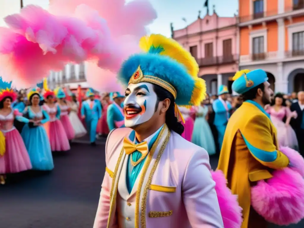 Desfile colorido en el Carnaval de Uruguay: pintura detallada acuarela Colorido desfile de Carnaval en Uruguay con carros alegóricos y artistas bailando, bajo el cielo festivo