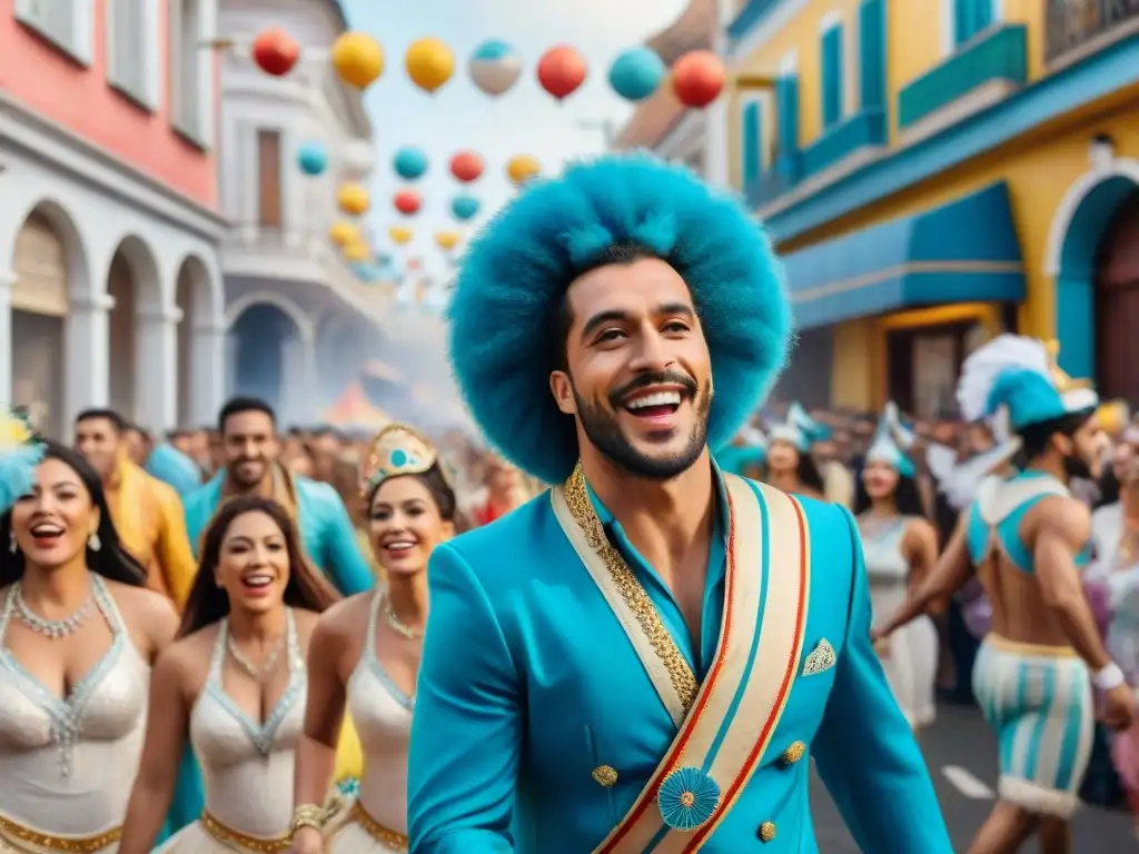 Desfile vibrante del Carnaval en Uruguay Colorido desfile de carnaval en Uruguay con carrozas, bailarines, músicos y espectadores animados