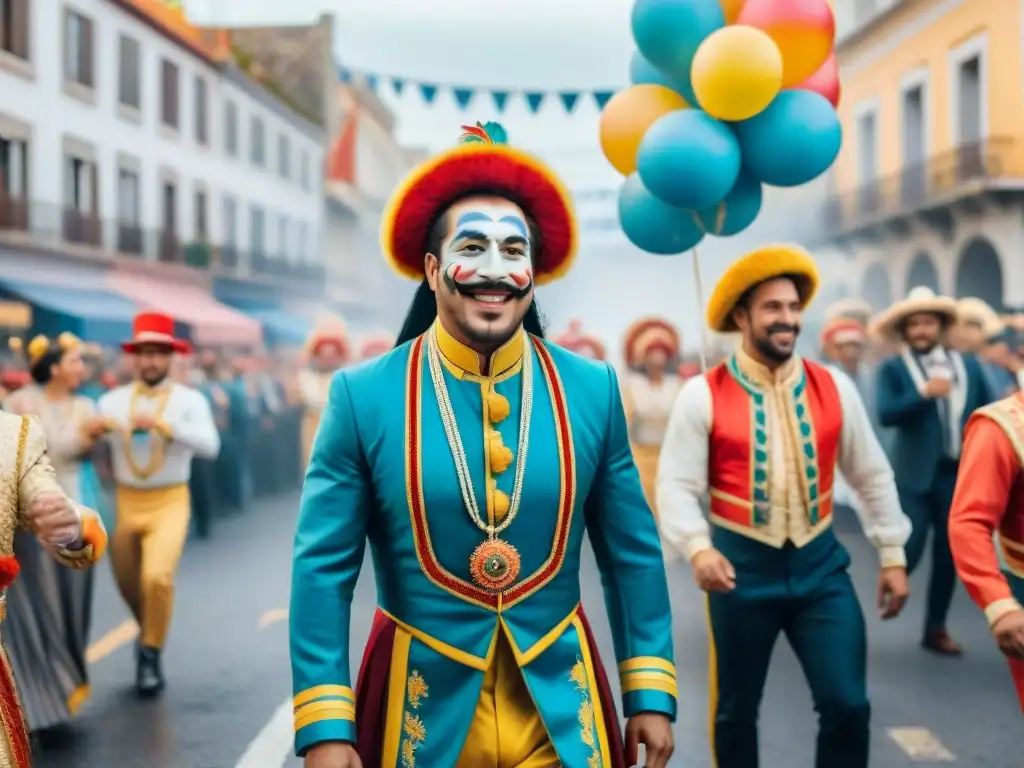 Colorido desfile de Carnaval en Uruguay con carrozas, bailarines y espectadores, creando una atmósfera festiva y alegre