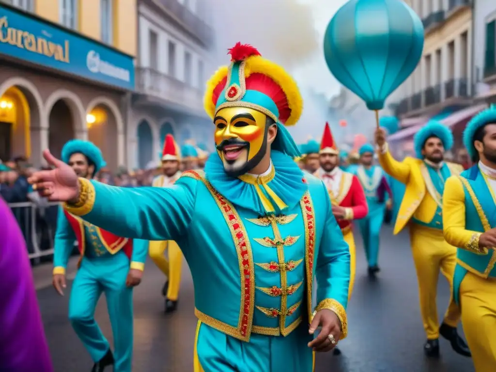 Desfile vibrante de carnaval en Uruguay: pintura acuarela Colorido desfile de carnaval en Uruguay con carrozas detalladas y trajes vibrantes, capturando la esencia de las Revistas del Carnaval Uruguayo