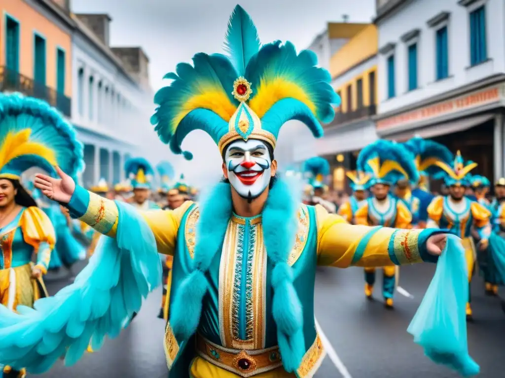 Deslumbrante carnaval en Uruguay: alegría y colorido Colorido desfile de carnaval en Uruguay, con carrozas, bailarines y multitud animada