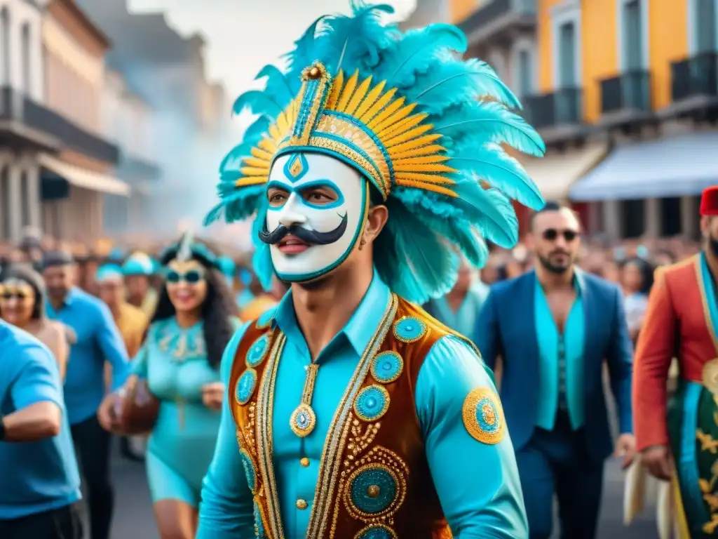 Pintura acuarela: Desfile vibrante de Carnaval en Uruguay Colorido desfile de Carnaval en Uruguay con comparsas en transformación