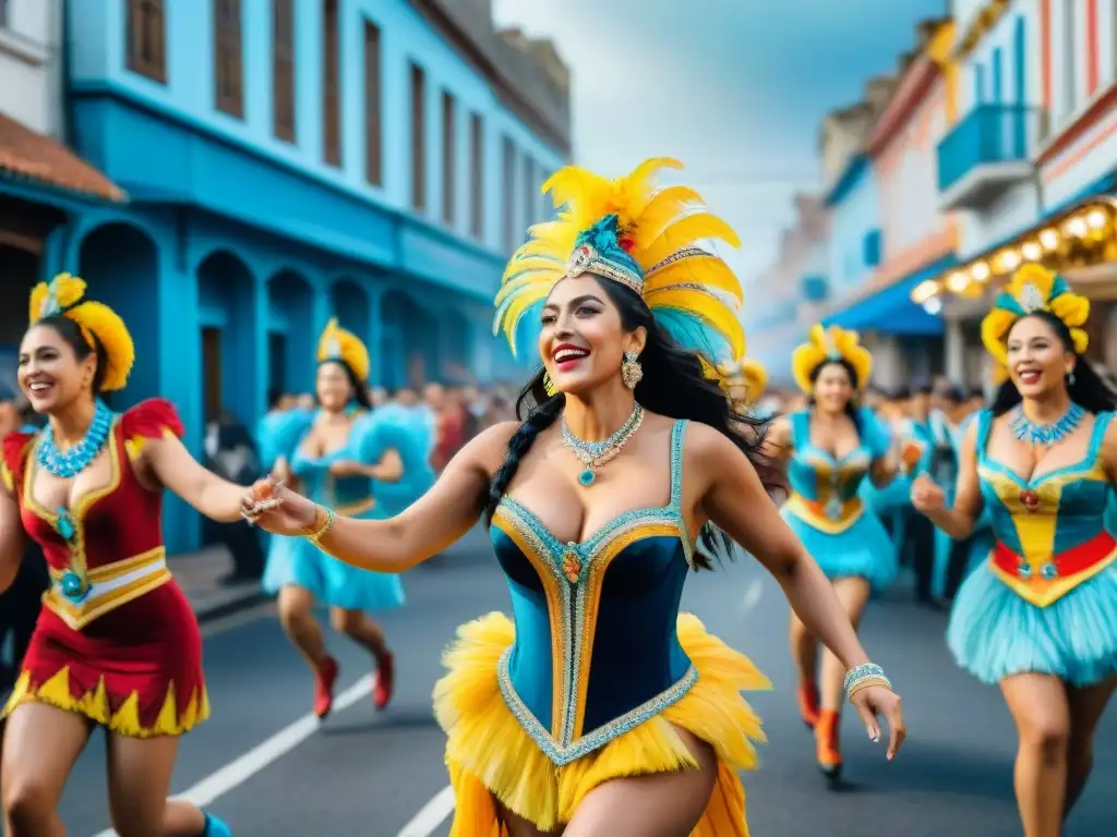 Carnaval en Uruguay: pintura acuarela vibrante Colorido desfile del Carnaval en Uruguay con detallados trajes y alegres bailarines, reparto ingresos Carnaval Uruguayo