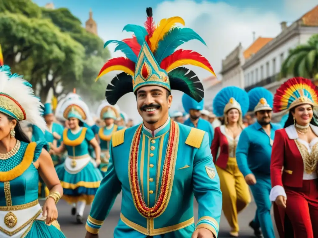 Deslumbrante desfile de carnaval en Uruguay Un colorido desfile de carnaval en Uruguay, con diseños de vestuario elaborados que reflejan la rica herencia cultural del país