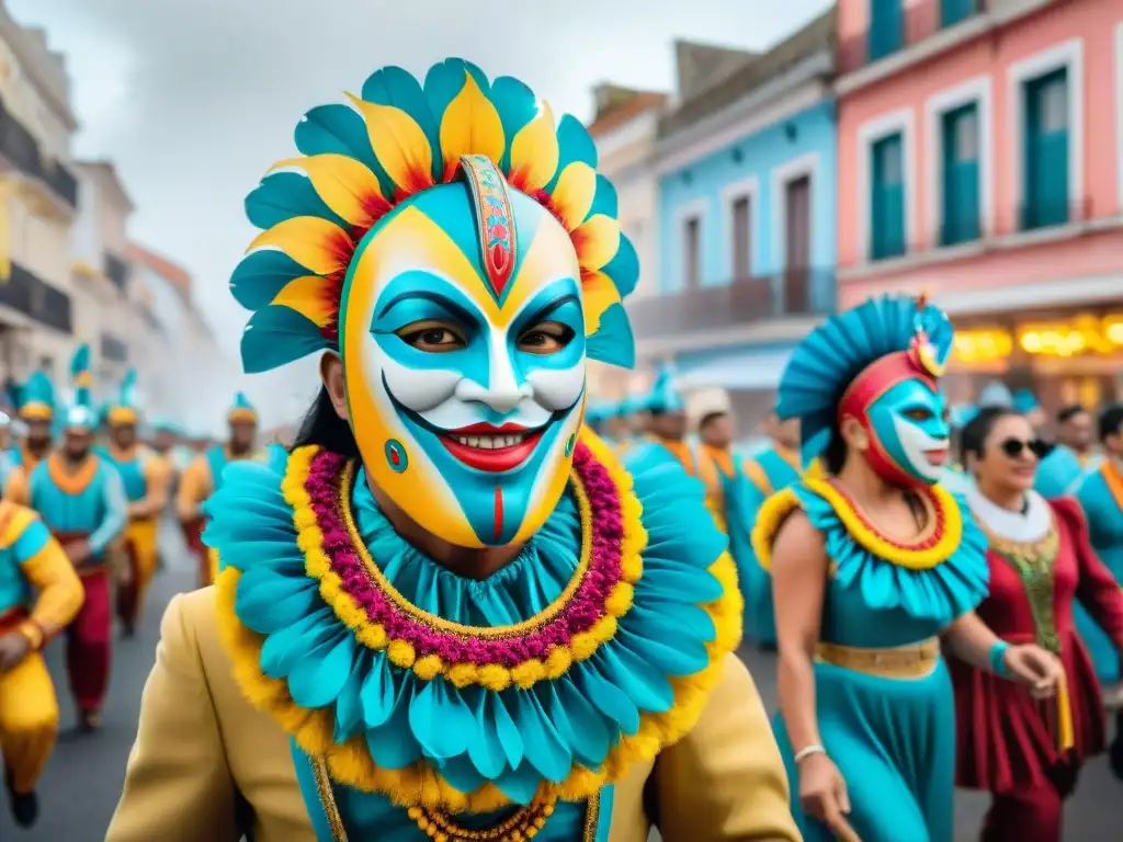 Desfile vibrante en el Carnaval de Uruguay Colorido desfile de Carnaval en Uruguay con disfraces, máscaras y música tradicional, historias personales Carnaval Uruguayo