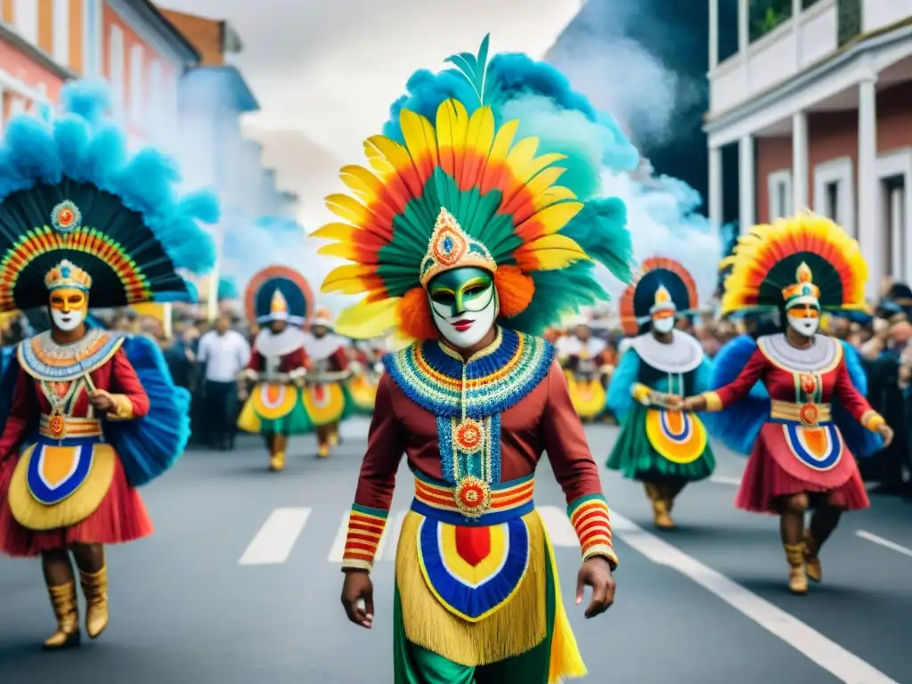 Obra maestra: Desfile de Carnaval en Uruguay con trajes reciclados Colorido desfile de Carnaval en Uruguay con disfraces creativos hechos con reciclaje, candombe y máscaras elaboradas