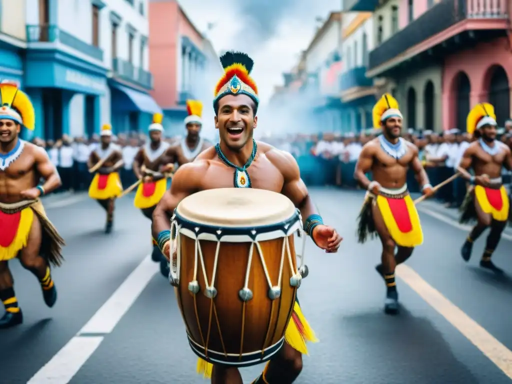 Carnaval en Uruguay: Colorida danza Candombe Colorido desfile de Carnaval en Uruguay resalta la Importancia del Candombe en la cultura, con bailarines, tambores y banderas vibrantes
