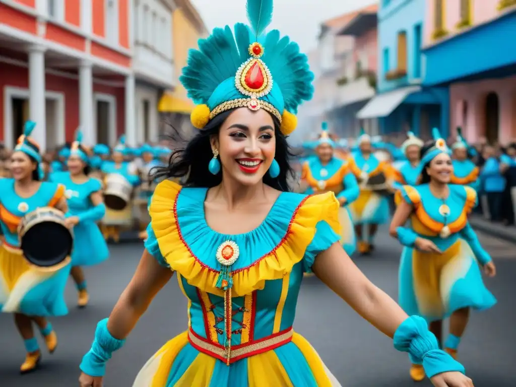 Colorida danza en Carnaval Uruguayo Colorido desfile de Carnaval en Uruguay con mujeres participantes en trajes vibrantes y alegres, danzando al ritmo de tambores