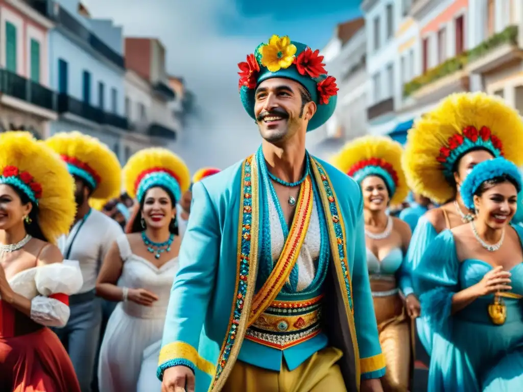 Deslumbrante desfile de Carnaval en Uruguay Colorido desfile de Carnaval en Uruguay con músicos, bailarines y carrozas