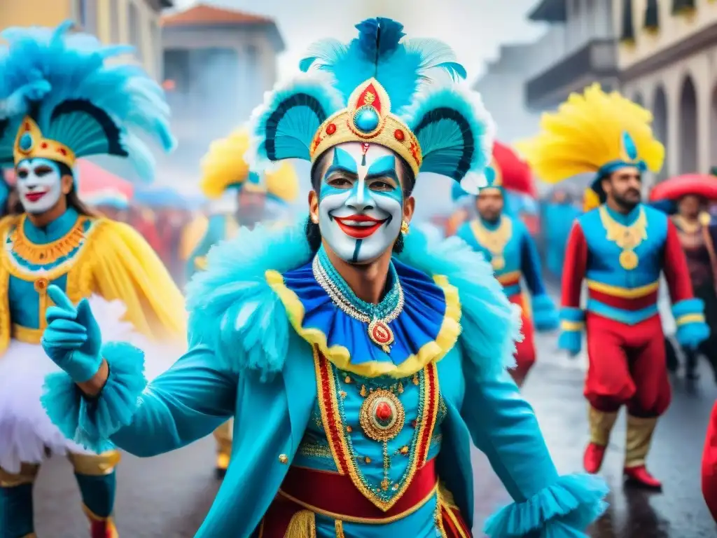 Carnaval en Uruguay: Explosión de color y alegría Colorido desfile de Carnaval en Uruguay con músicos, bailarines y carrozas detalladas