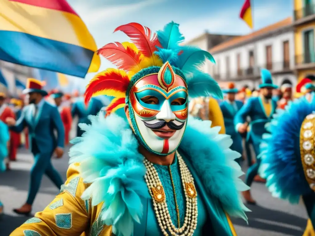 Carnaval de Uruguay: Colorida celebración y danzas vibrantes Colorido desfile de Carnaval en Uruguay con trajes vibrantes y máscaras intrincadas, danzantes energéticos y espectadores alegres