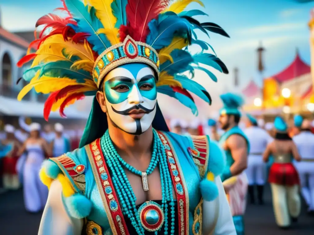 Colorida pintura acuarela de Carnaval Uruguayo Colorido desfile de carnaval en Uruguay con trajes tradicionales y decorados llamativos, ideal para talleres de costura para carnaval