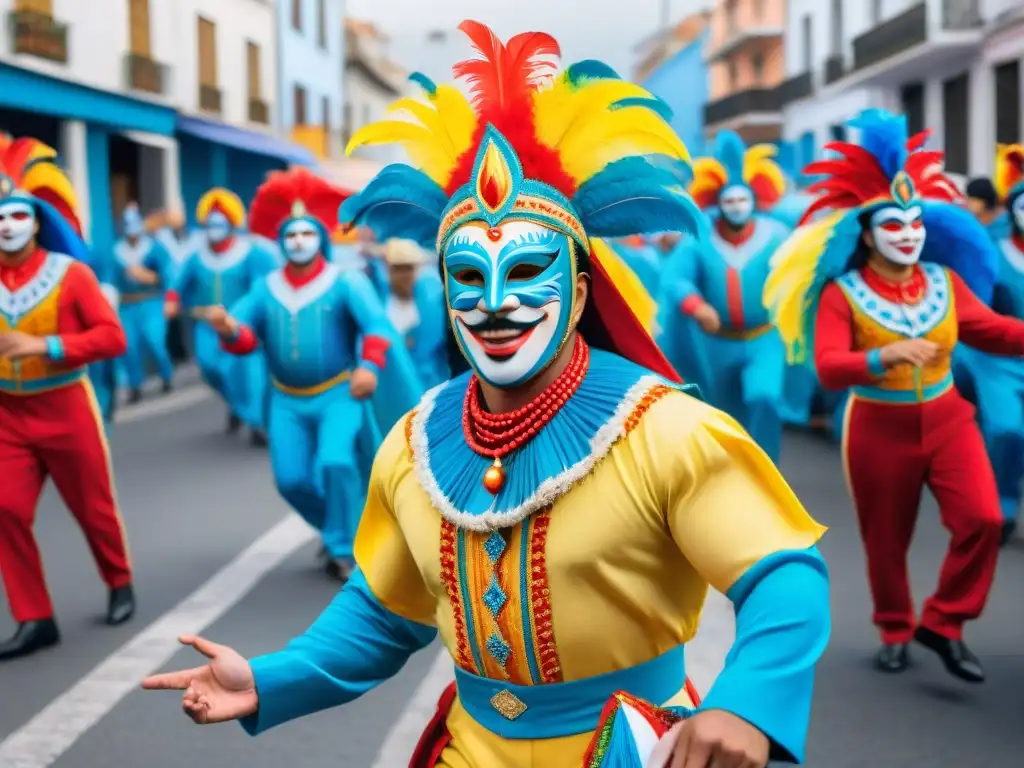 Deslumbrante Carnaval en Uruguay: ¡colores, máscaras y alegría! Colorido desfile de Carnaval en Uruguay con trajes tradicionales, máscaras y bailarines alegres