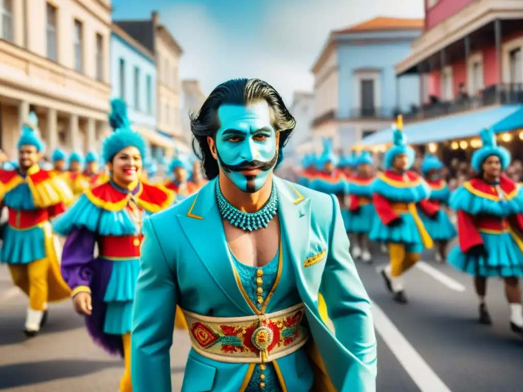 Carnaval en Uruguay: colorida ilustración acuarela de desfile festivo Colorido desfile de carnaval en Uruguay con trajes y música alegre