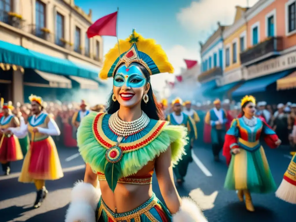 Desfile colorido del Carnaval Uruguayo: ¡alegría y tradición! Colorido desfile de carnaval uruguayo, con carrozas, bailarines y músicos en una calle llena de espectadores felices
